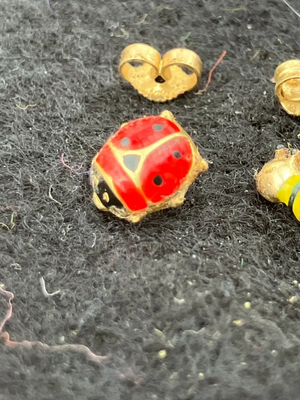 Vintage 14K Gold Italian Ladybug & Enamel Bee Mismatched Studs - Signed